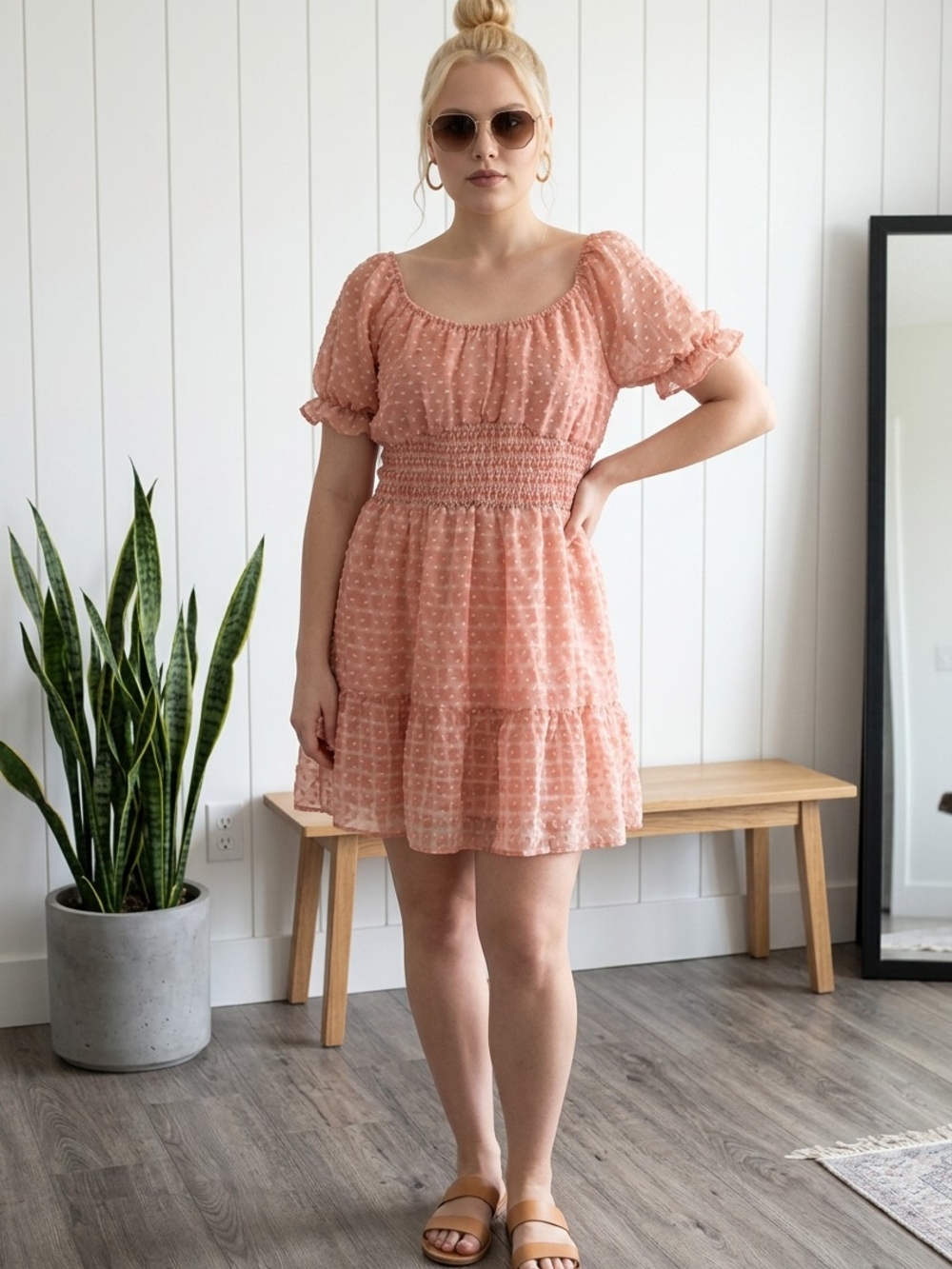 Flying Tomato A Calin L Dress Smocked Puff Sleeves Femme Flirty Versatile Staple - Picture 2 of 16